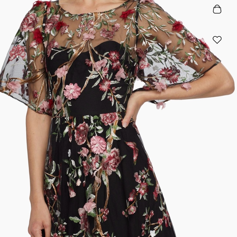 Marchesa Notte Floral Embroidered Black Midi Dress